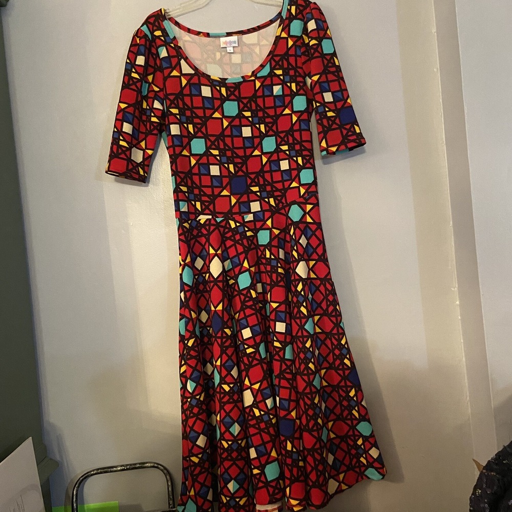 Lularoe S Nicole Dress Blue‎ Red Yellow geometric Textured Small